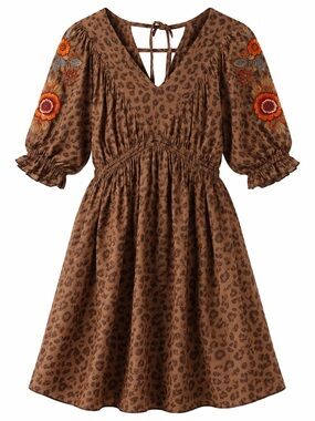 Cato Leopard Print Boho Dress Small Embroidered Puff Sleeve Babydoll Brown